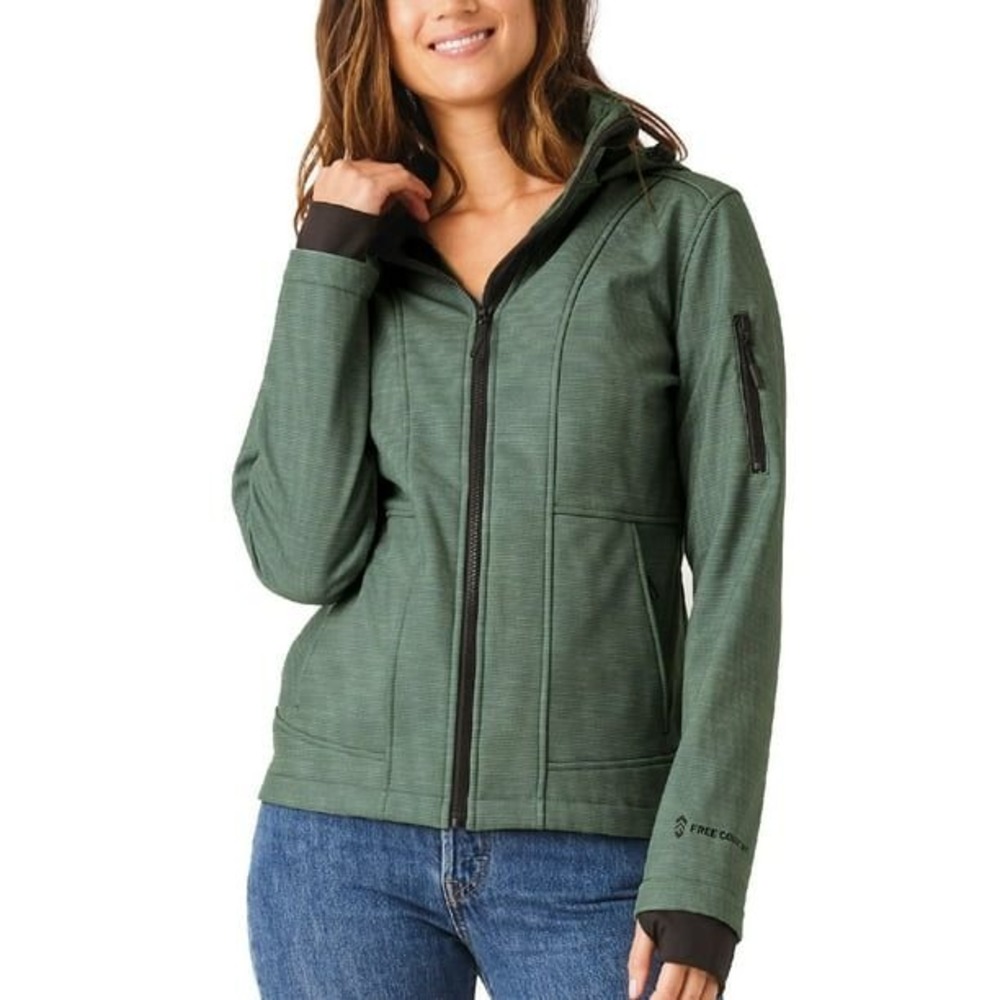 Free Country Womens Softshell Jacket Olive Green Faux Fur Lined Hooded Small‎